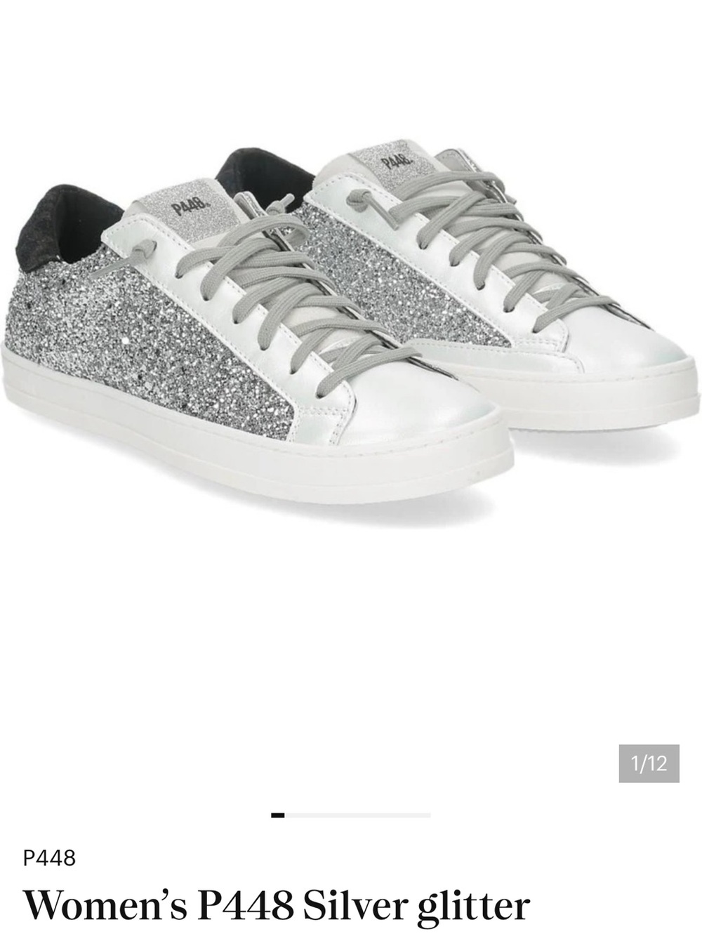 P448 Silver Glitter Low-Top Sneakers with White Trim, Leopard Heel - size 39